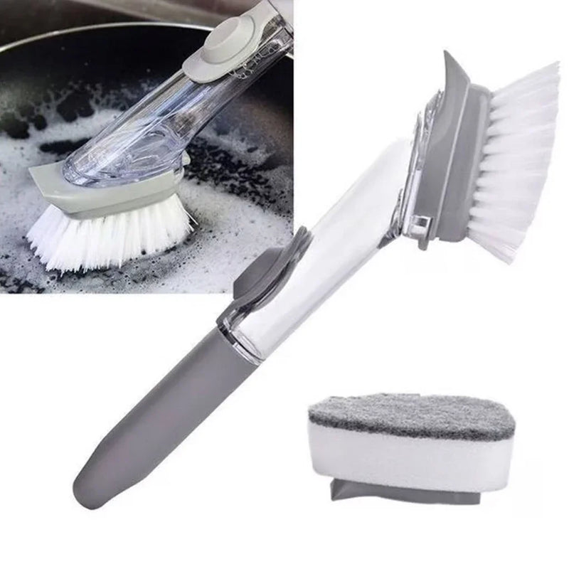 Dispensador de detergente 2 em 1 para limpeza de escovas, multifuncional, prático, compacto, higiene da cozinha, durável, fácil de usar e armazenar